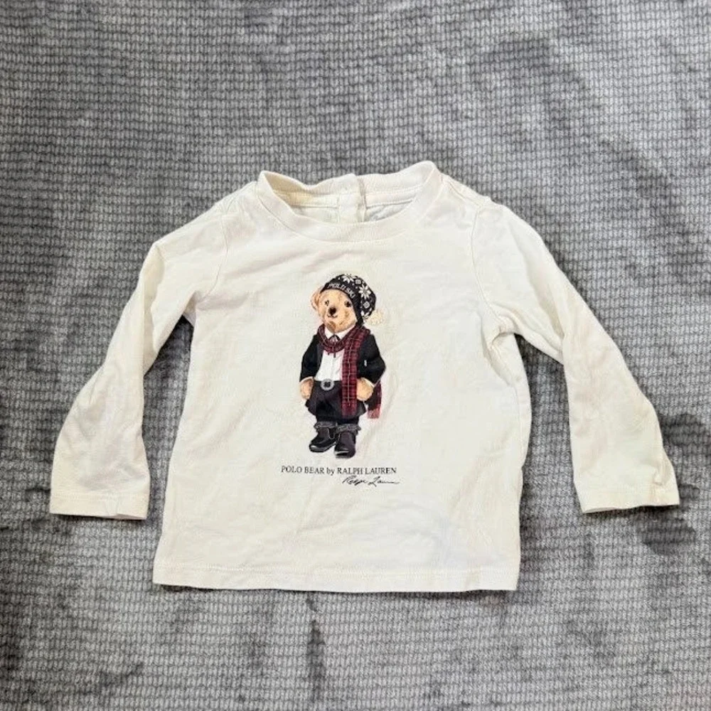 Ralph Lauren Polo Bear Kids Long Sleeve T-Shirt Off White Cream Size 9M 9 Months